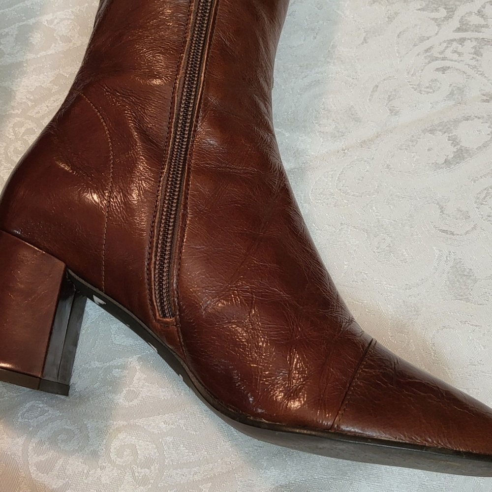 Women's Tall Brown Leather Heeled Boots - Picture 12 of 16